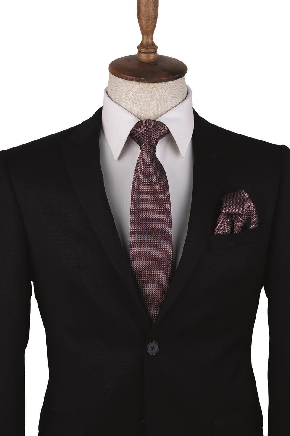 Lacivert - Turuncu Nokta Desen Mendilli Klasik Kravat KK10098