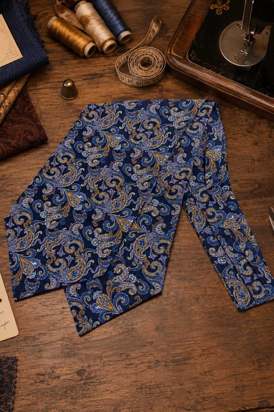 Lacivert Turuncu Şal Desen İtalyan İpek Ascot Kravat SAC115