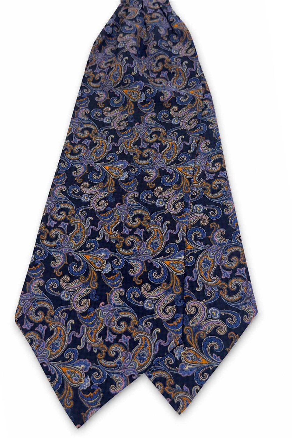 Lacivert Turuncu Şal Desen İtalyan İpek Ascot Kravat SAC115