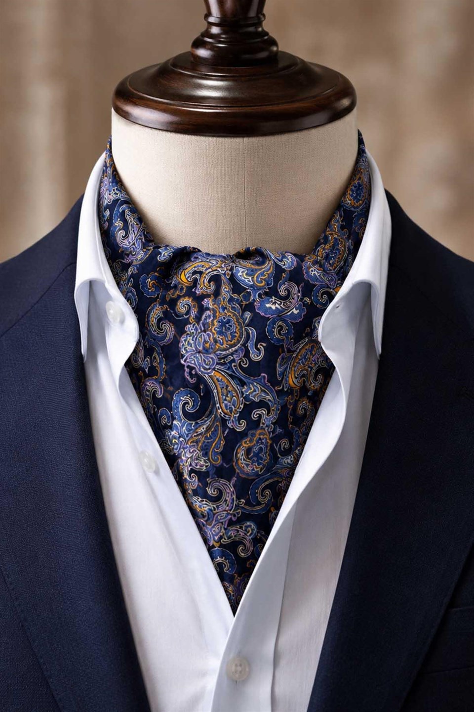 Lacivert Turuncu Şal Desen İtalyan İpek Ascot Kravat SAC115
