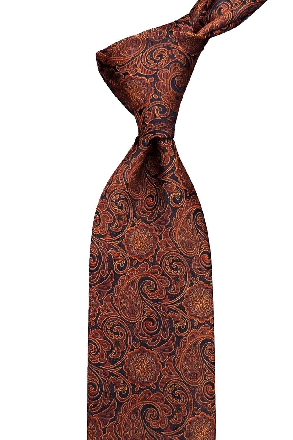 Lacivert - Turuncu Şal Desen Mendilli Klasik Kravat KK13128