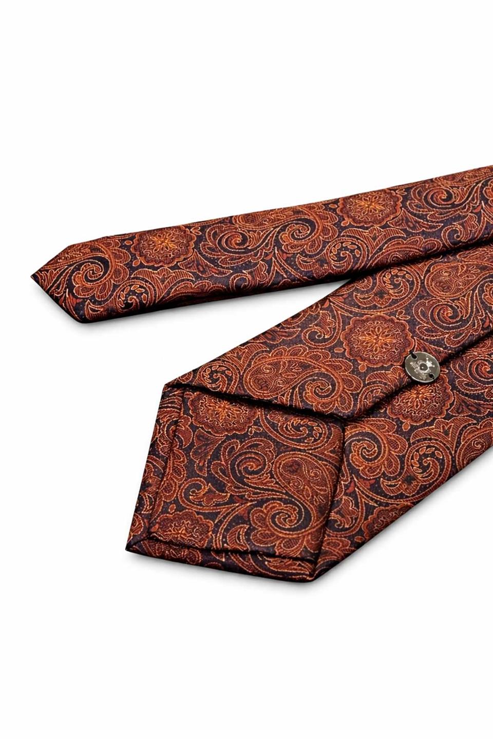 Lacivert - Turuncu Şal Desen Mendilli Klasik Kravat KK13128