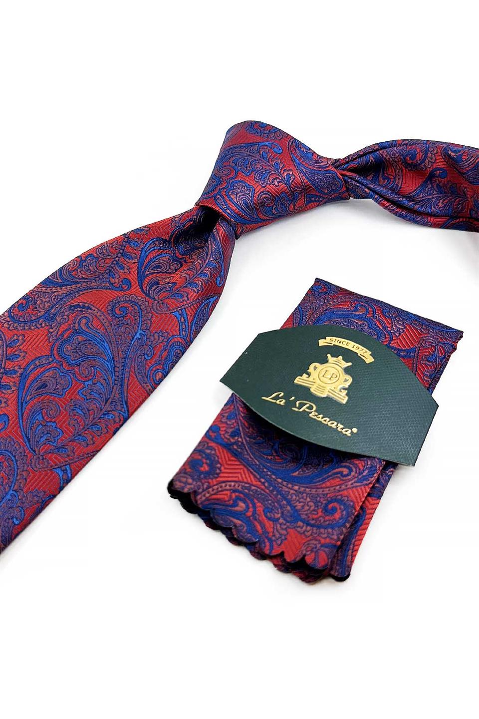 Lacivert - Turuncu Şal Desen Mendilli Klasik Kravat KK13128