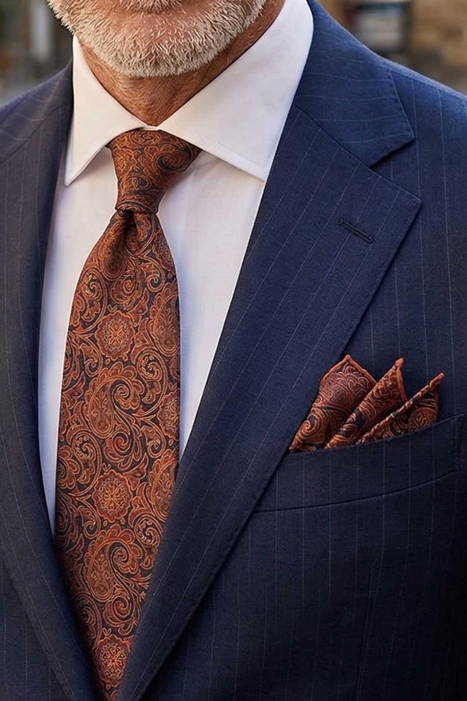 Lacivert - Turuncu Şal Desen Mendilli Klasik Kravat KK13128