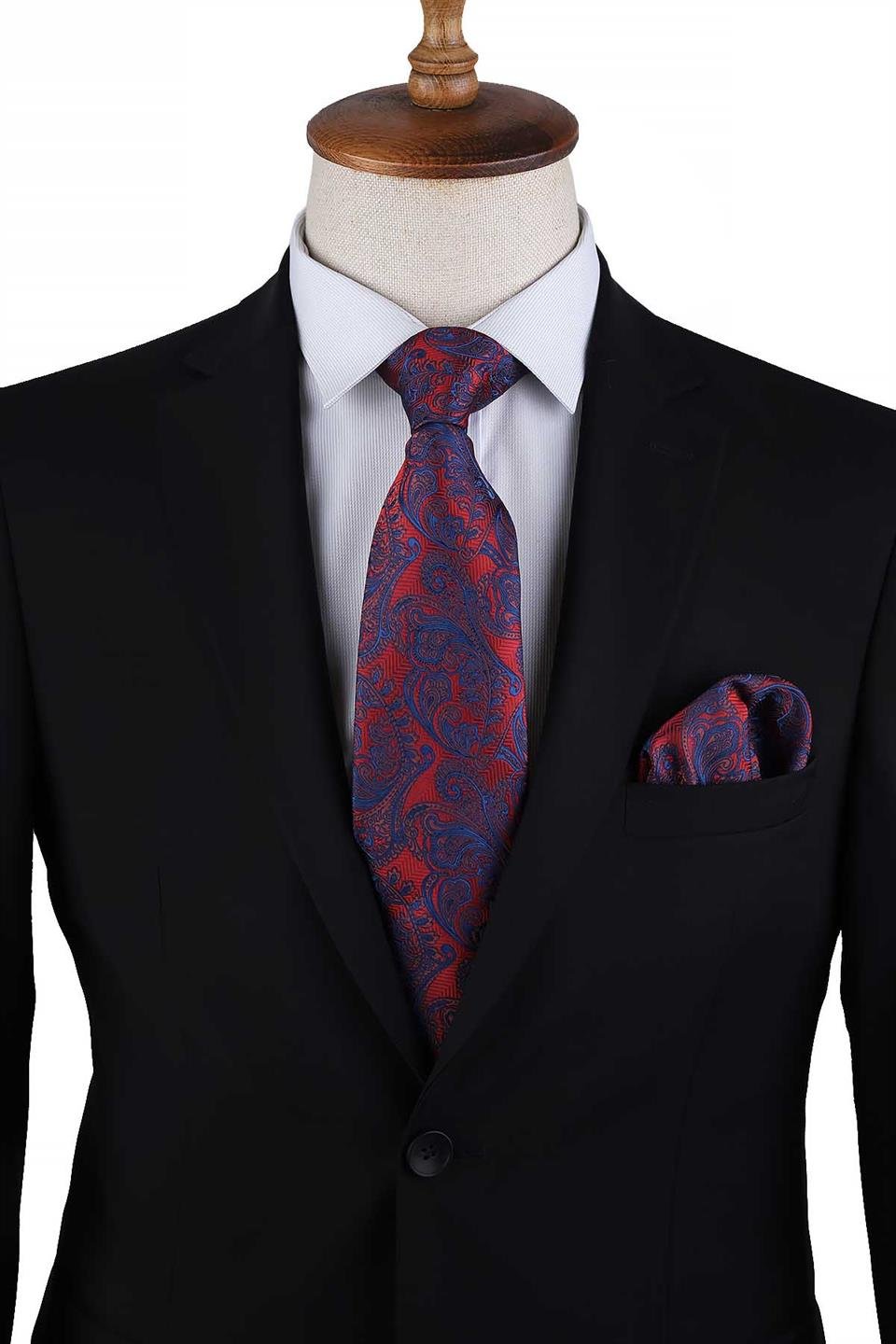 Lacivert - Turuncu Şal Desen Mendilli Klasik Kravat KK13128