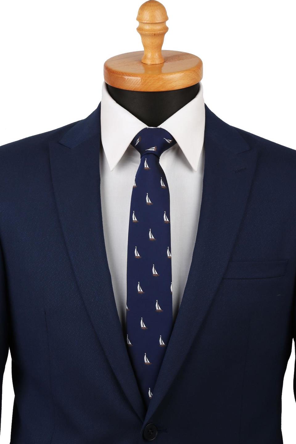 Lacivert Yelkenli Desen Slim Kravat SK7088