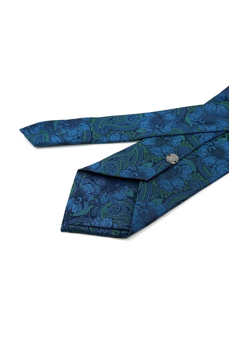 Lacivert - Yeşil Çiçek Desen Mendilli Klasik Kravat KK13336