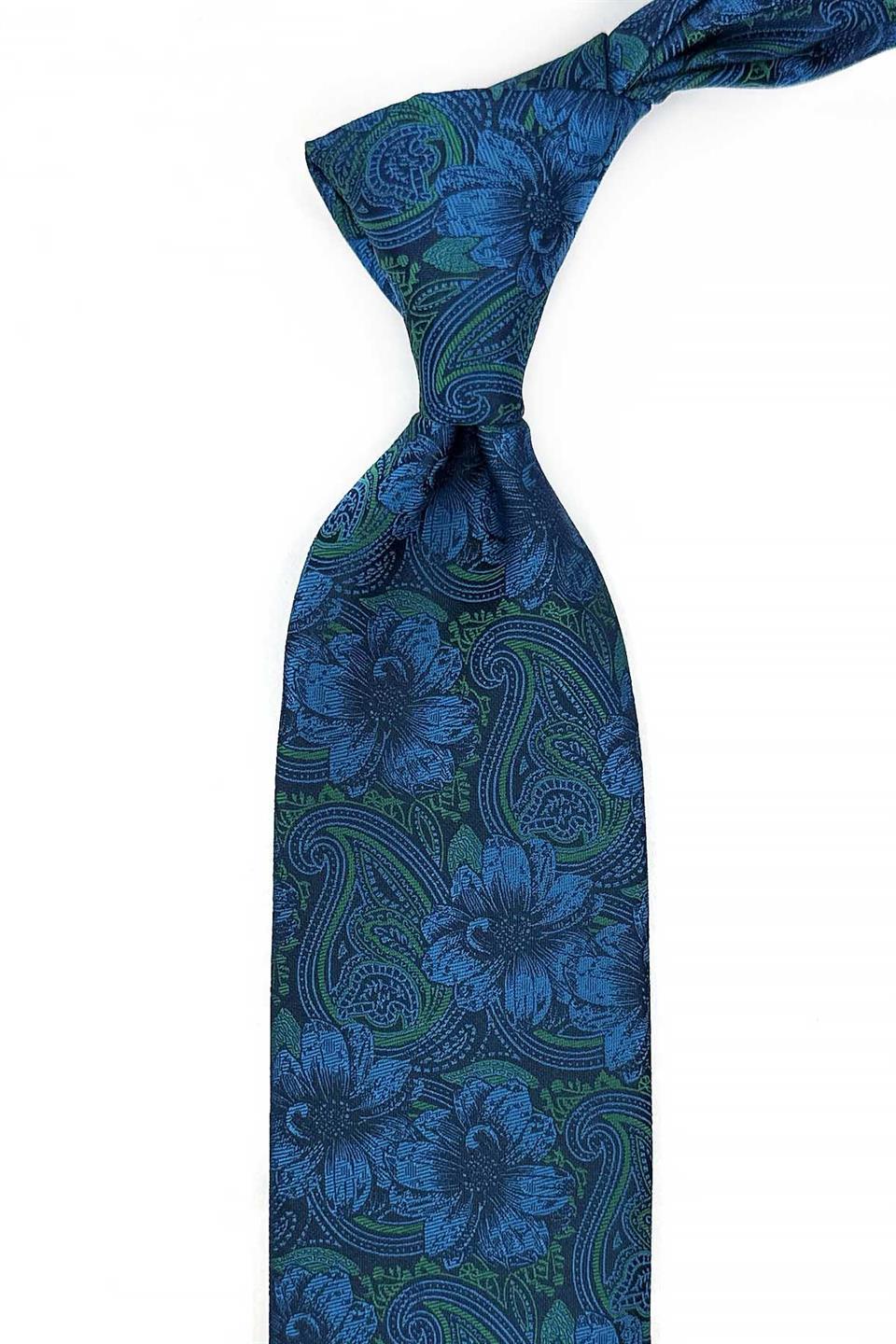 Lacivert - Yeşil Çiçek Desen Mendilli Klasik Kravat KK13336