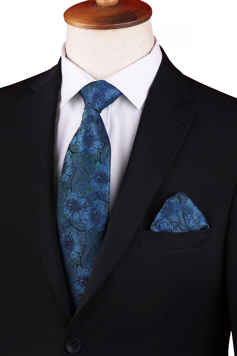 Lacivert - Yeşil Çiçek Desen Mendilli Klasik Kravat KK13336
