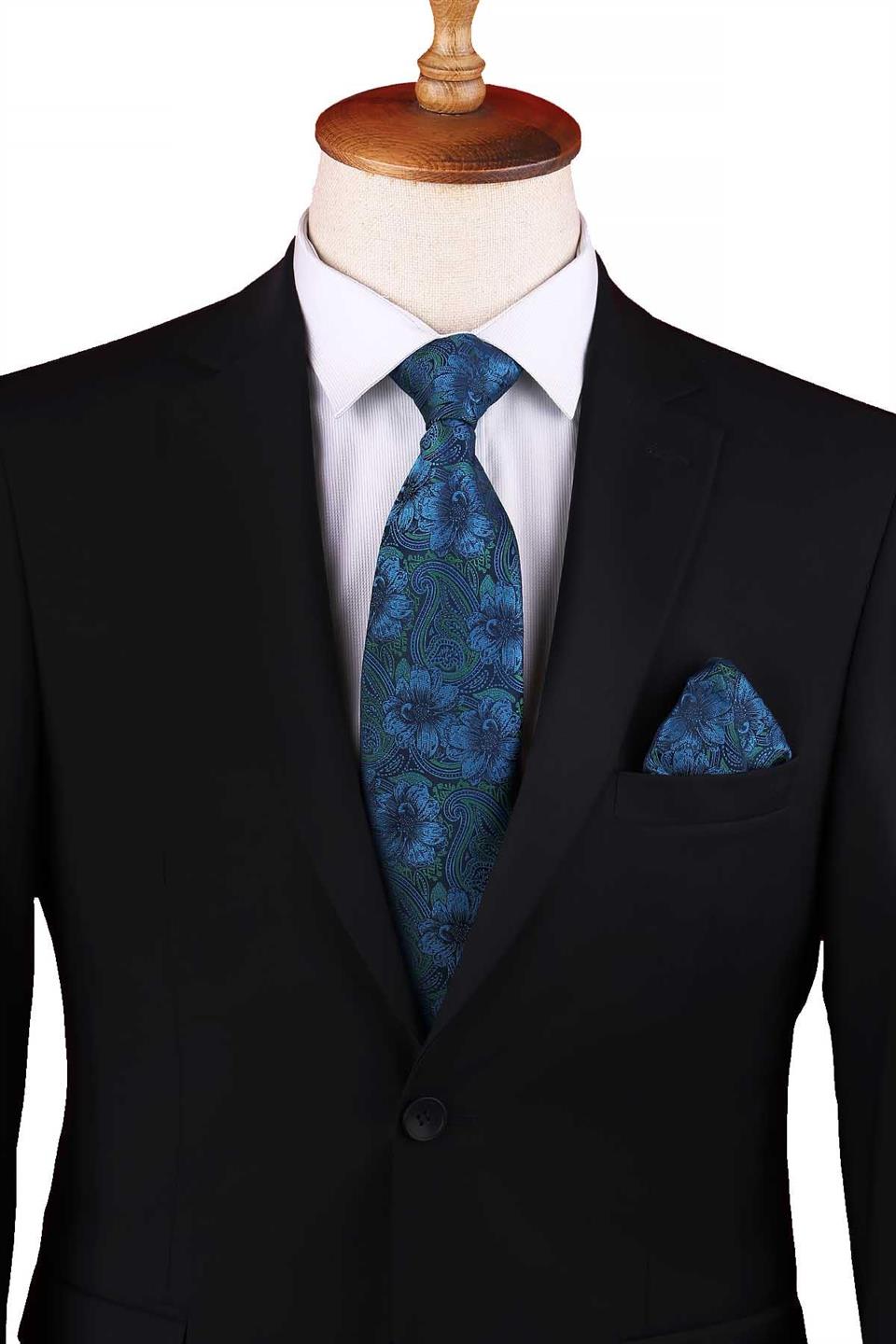 Lacivert - Yeşil Çiçek Desen Mendilli Klasik Kravat KK13336