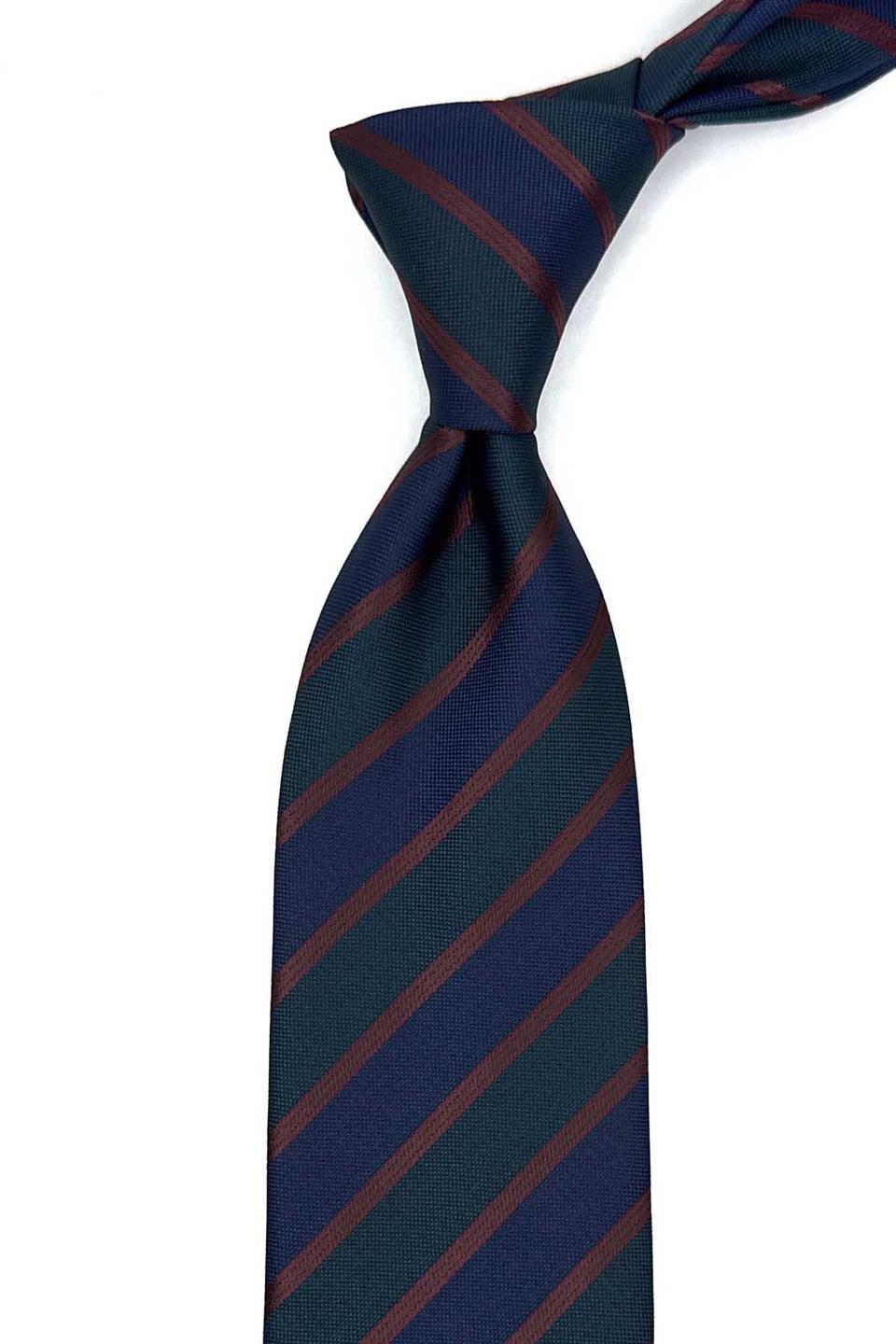 Lacivert - Yeşil Çizgi Desen Mendilli Klasik Kravat KK12883