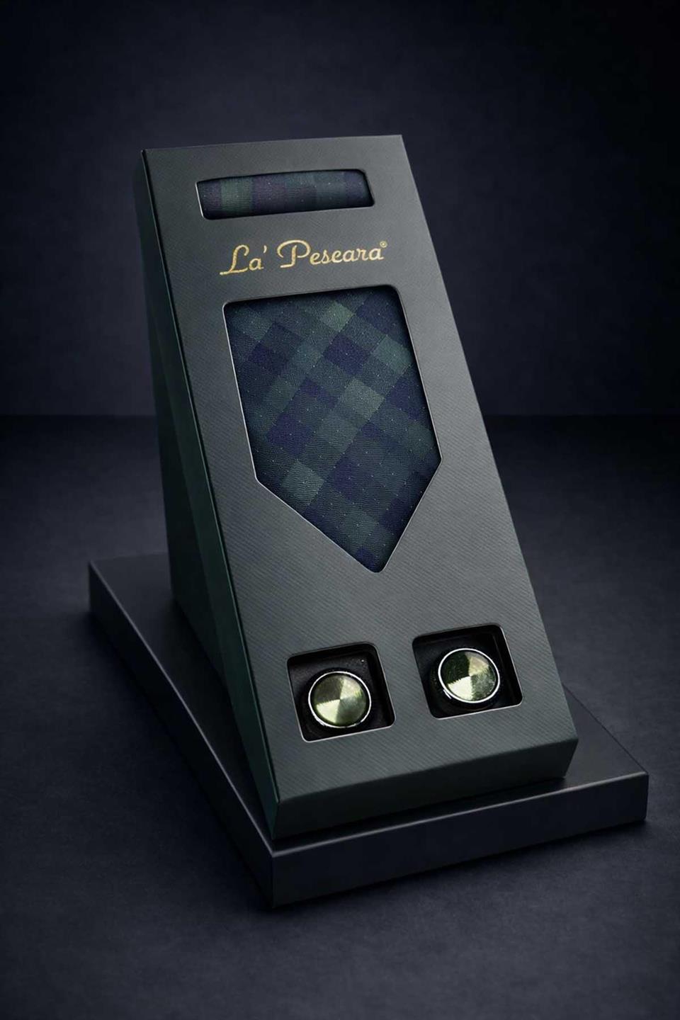 Lacivert - Yeşil Mendilli Klasik Kravat Kol Düğmesi Erkek Hediye Seti OS612