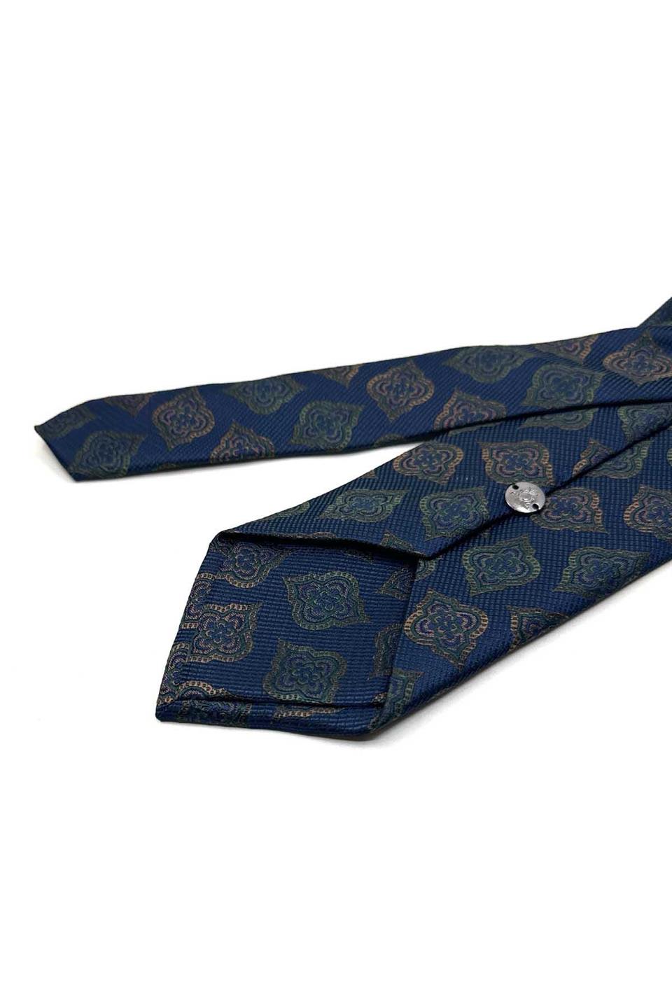 Lacivert - Yeşil Motif Desen Mendilli Klasik Kravat KK13611