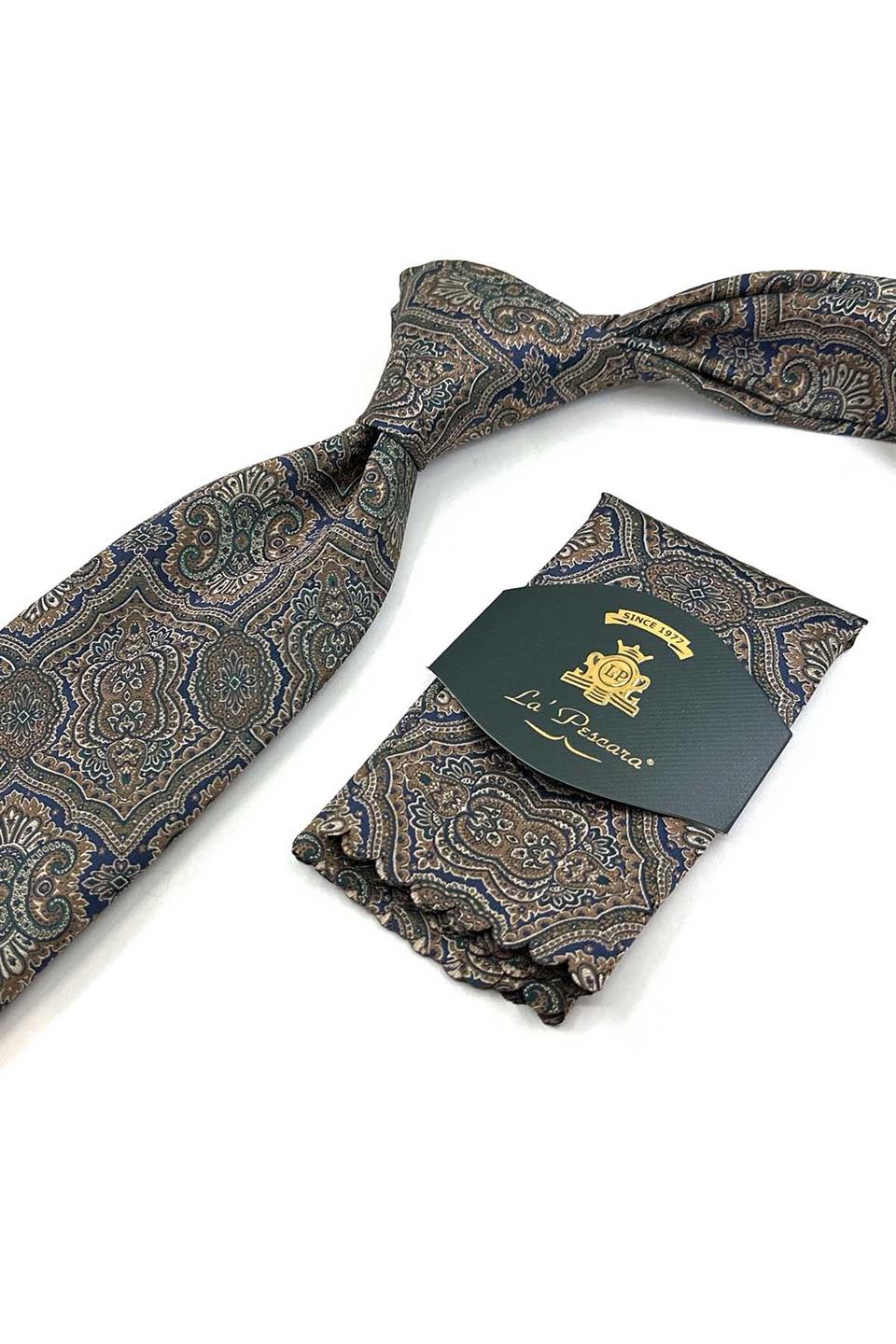 Lacivert - Yeşil Motif Desen Mendilli Klasik Kravat KK13321