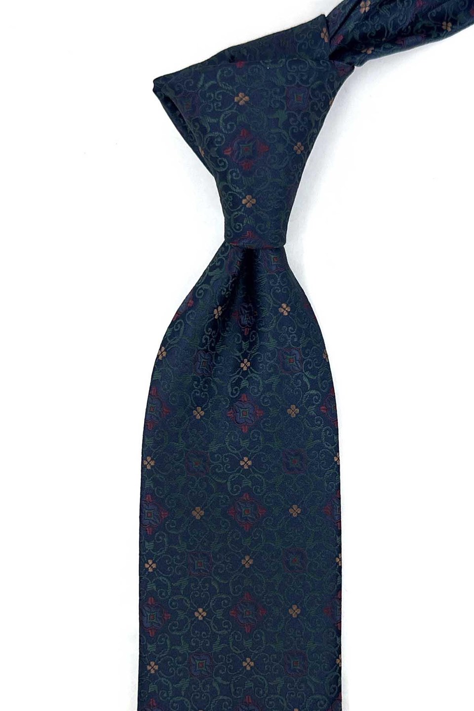Lacivert Yeşil Motif Desen Mendilli Klasik Kravat KK13921