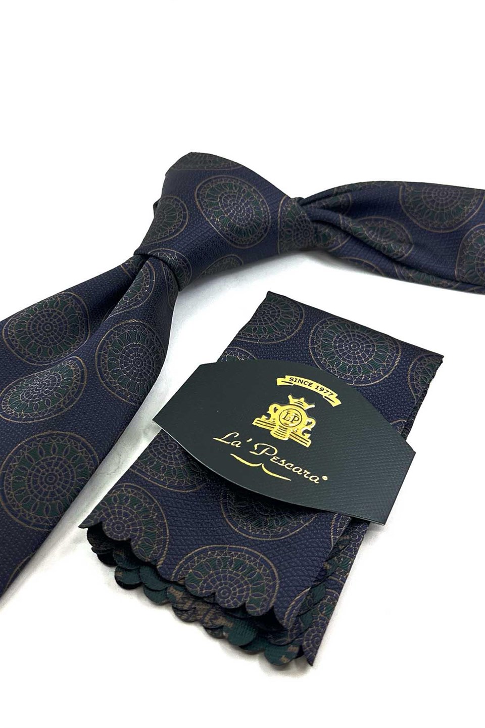 Lacivert Yeşil Motif Desen Mendilli Klasik Kravat KK13972