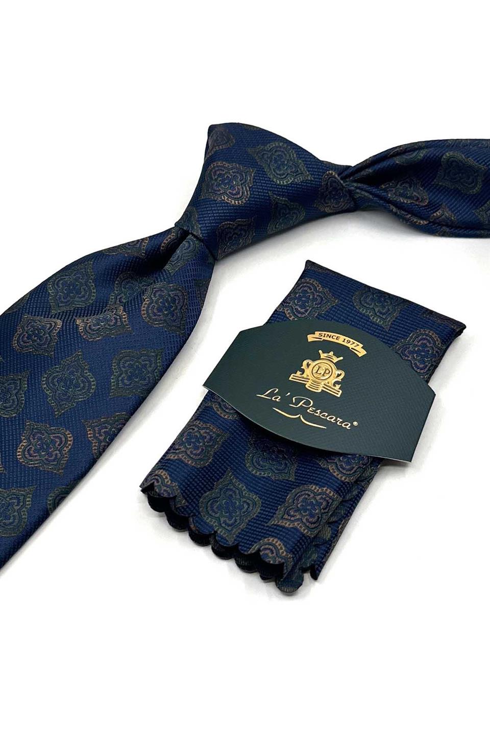 Lacivert - Yeşil Motif Desen Mendilli Klasik Kravat KK13611