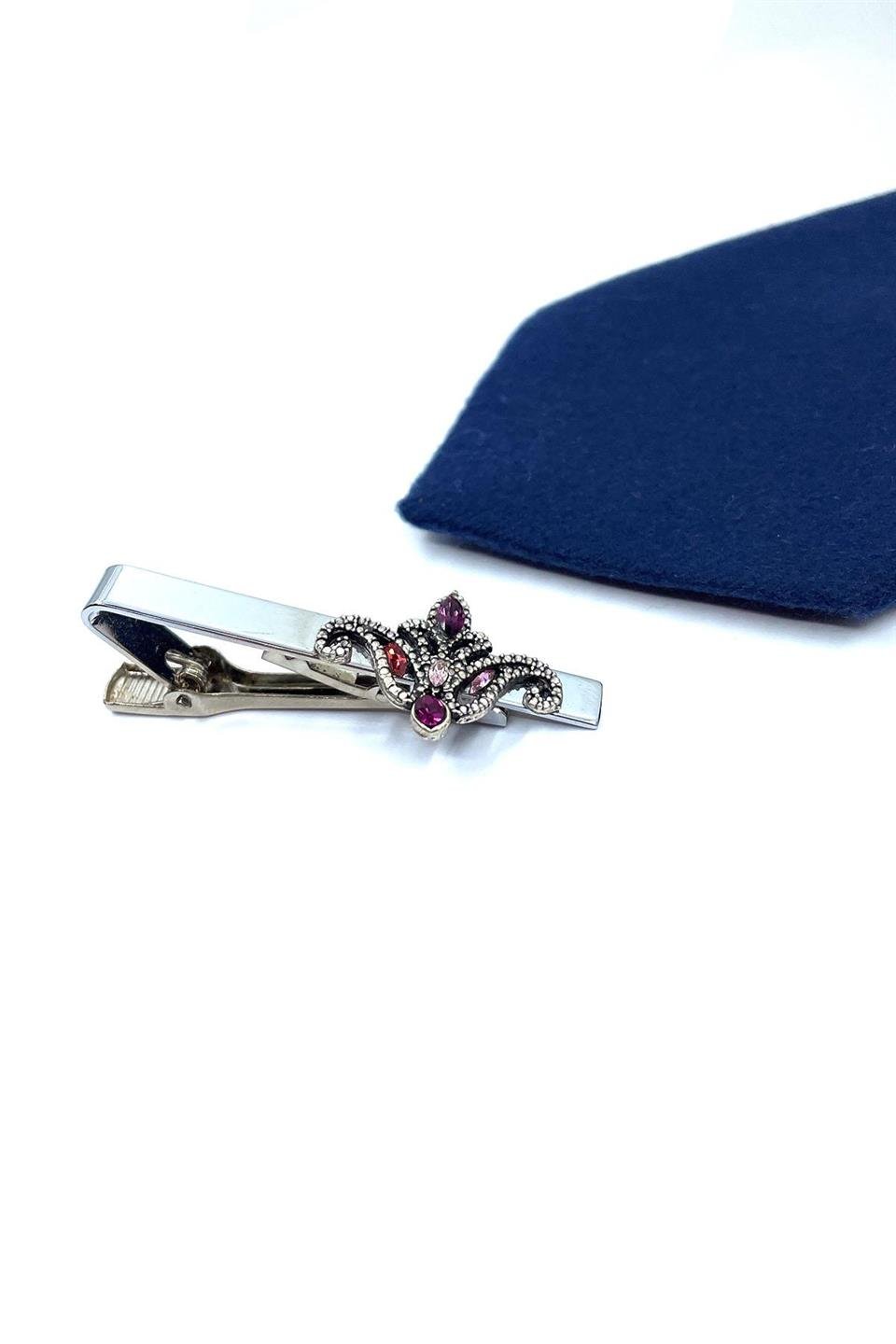 Lale Motif Mor Taşlı Gümüş Kravat İğnesi KIY699