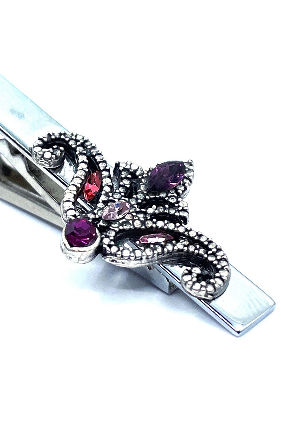 Lale Motif Mor Taşlı Gümüş Kravat İğnesi KIY699