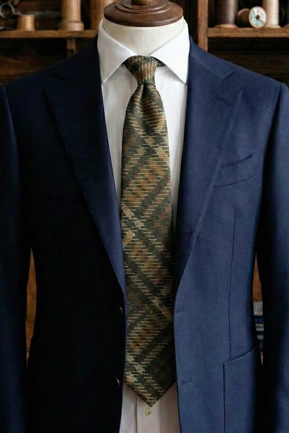 Leoni Style Bej Ekose Desen İtalyan İpek Kravat İK2221