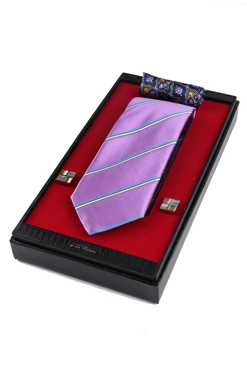 Lila İtalyan İpek Kravat Mendil Kol Düğmesi Sevgililer Günü Hediyesi SKS64