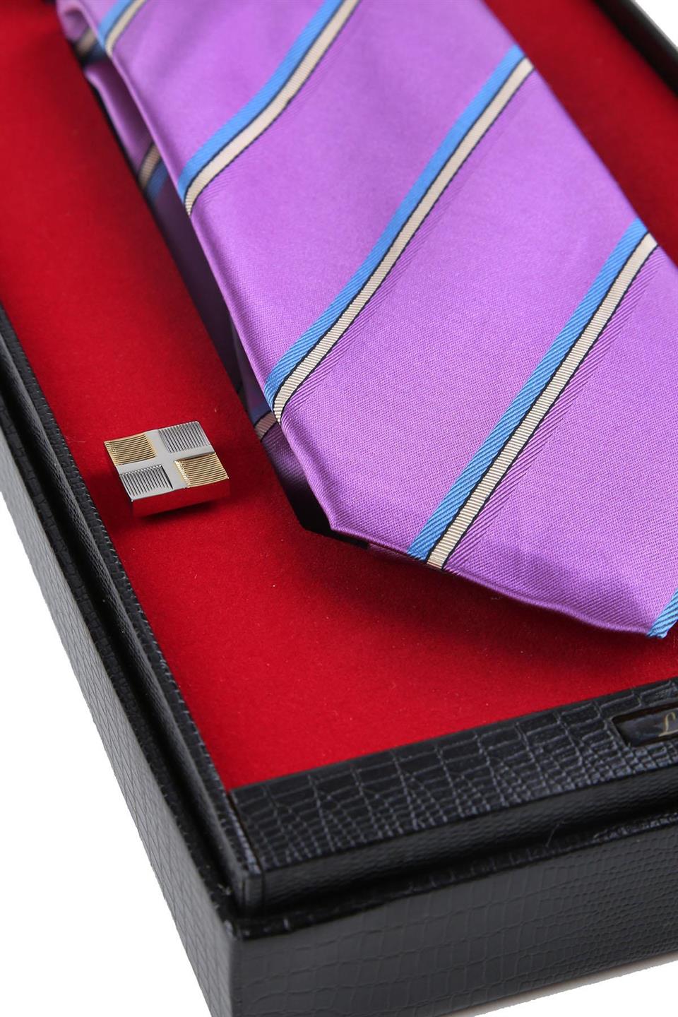 Lila İtalyan İpek Kravat Mendil Kol Düğmesi Sevgililer Günü Hediyesi SKS64