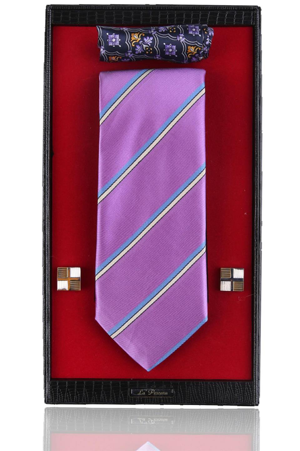 Lila İtalyan İpek Kravat Mendil Kol Düğmesi Sevgililer Günü Hediyesi SKS64