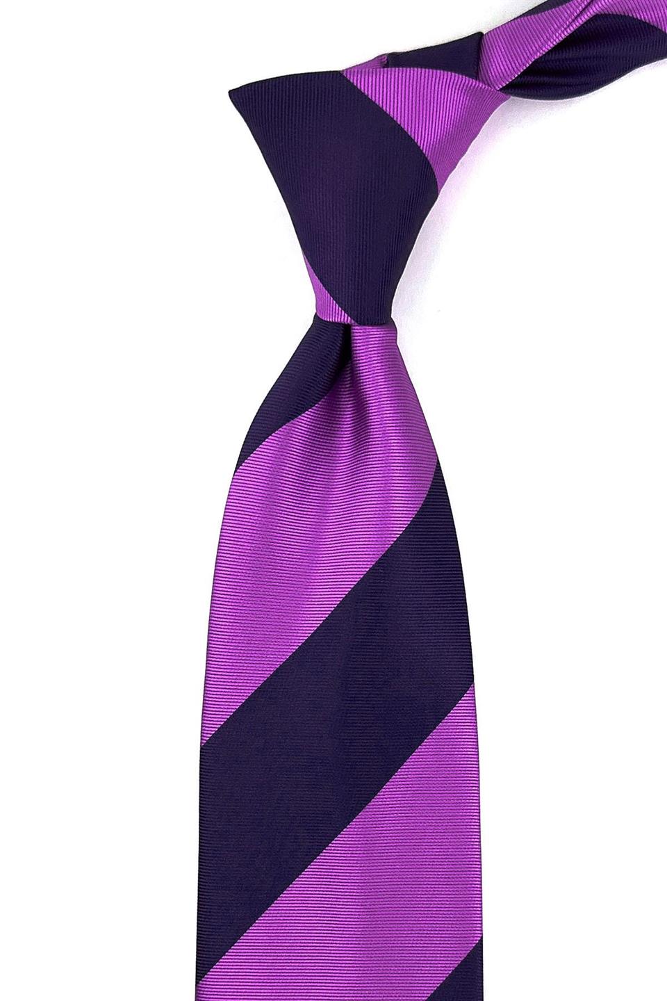 Lila - Lacivert Çizgi Desen Mendilli Klasik Kravat KK11232