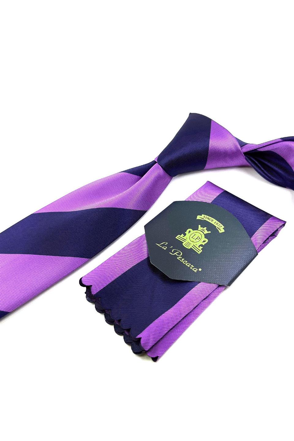 Lila - Lacivert Çizgi Desen Mendilli Klasik Kravat KK11232