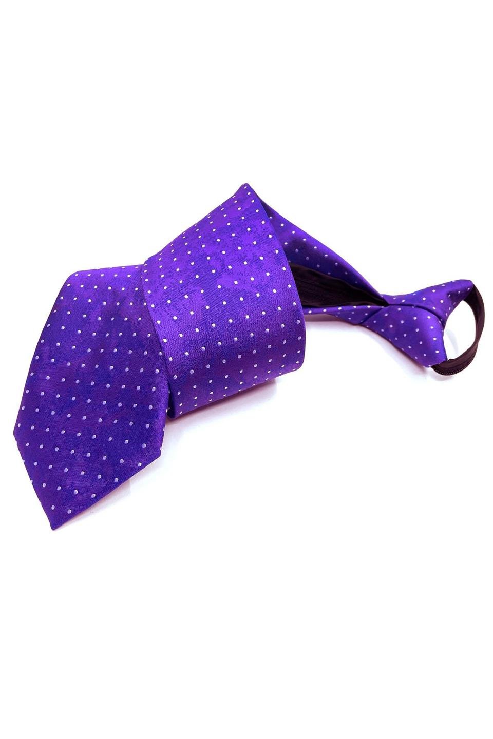 Lila Puantiye Desen Mendilli Fermuarlı Kravat FRMR05