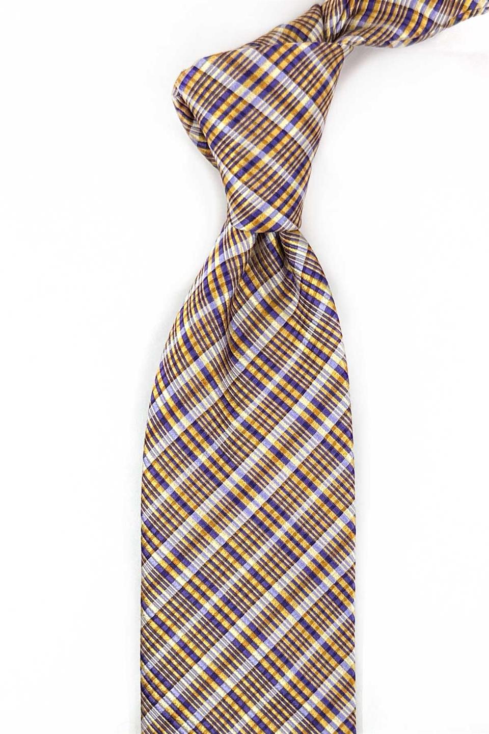 Longham Style Sarı Ekose Desen İtalyan İpek Kravat İK2019