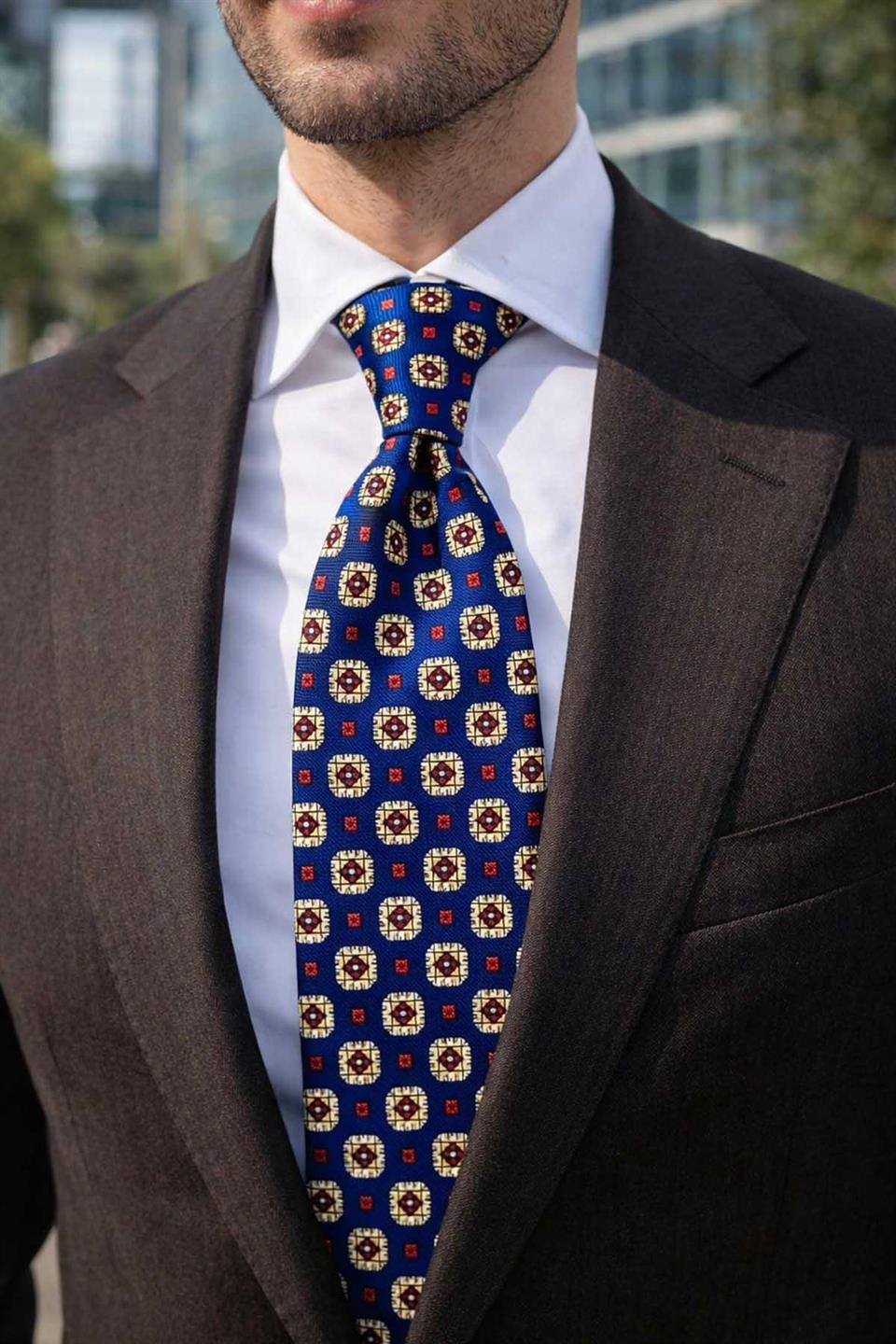 Lucano Style Lacivert Motif Desen İtalyan İpek Kravat İK2372