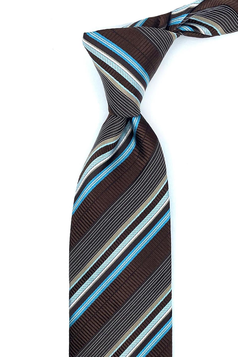 Lusore Style Kahverengi Çizgi Desen İtalyan İpek Kravat İK1350