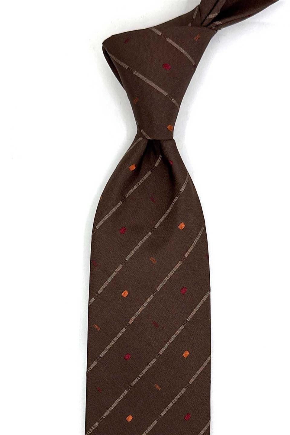 Mandria Style Kahverengi Çizgi Desen İtalyan İpek Kravat İK2303