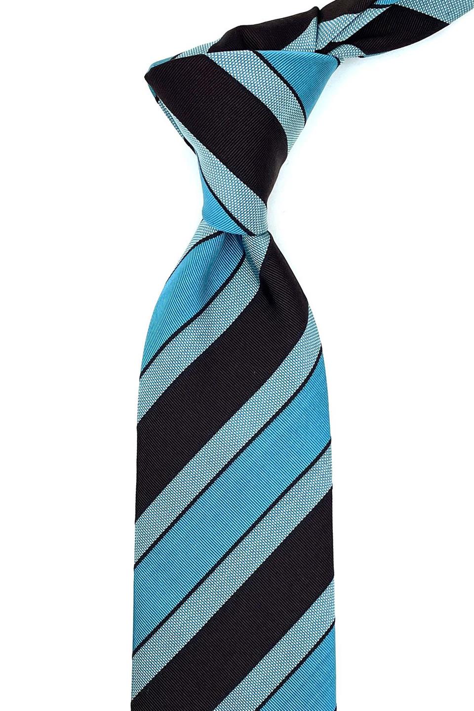 Marona Style Petrol - Kahve Çizgi Desen İtalyan İpek Kravat İK1250