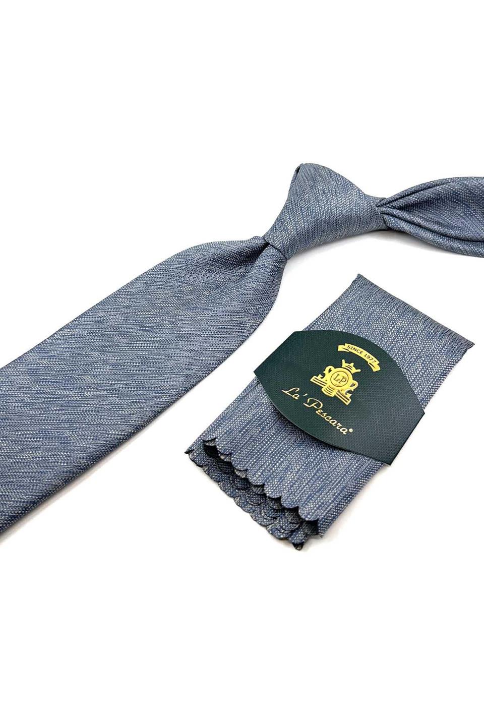 Mavi - Bej Kum Desen Mendilli Klasik Kravat KK12344