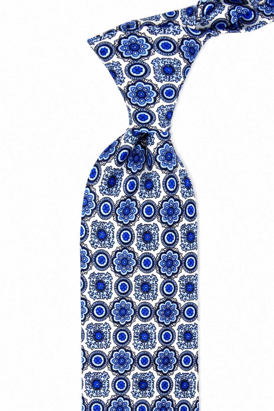 Mavi Beyaz Motif Desen İtalyan İpek Kravat İK2540