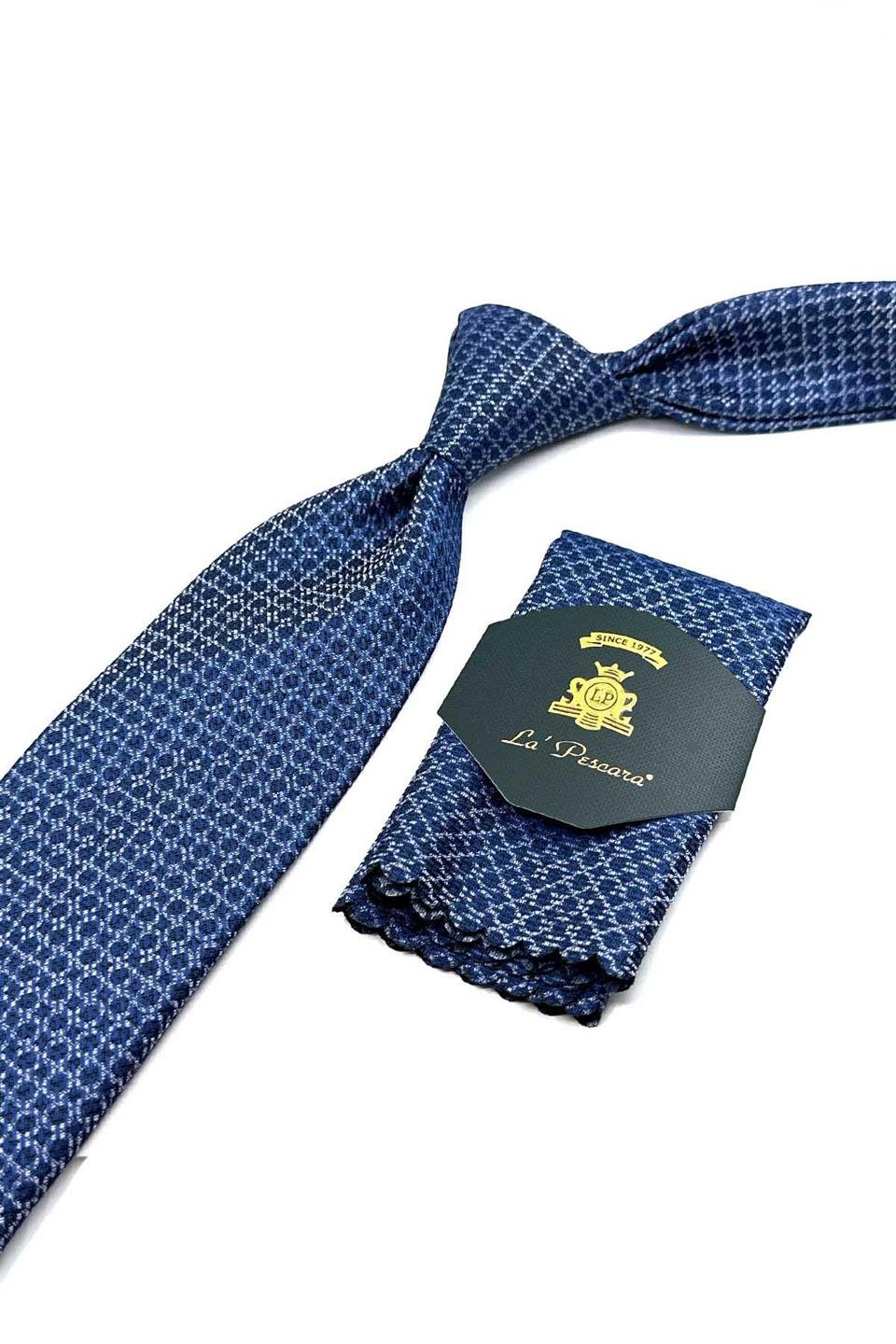 Mavi - Beyaz Nokta Desen Mendilli Klasik Kravat KK12583