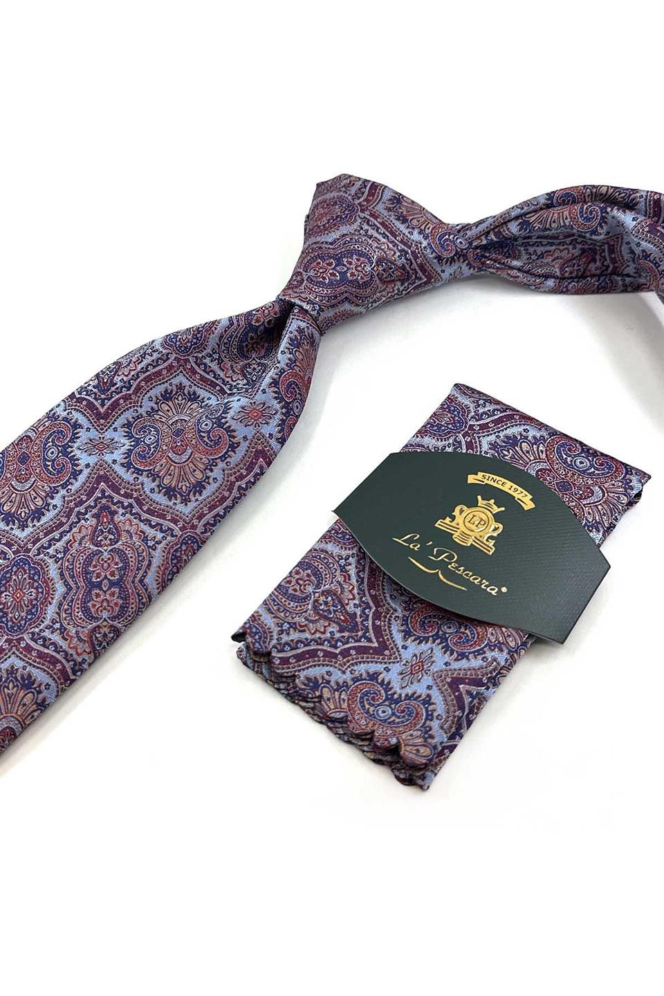 Mavi - Bordo Motif Desen Mendilli Klasik Kravat KK13324