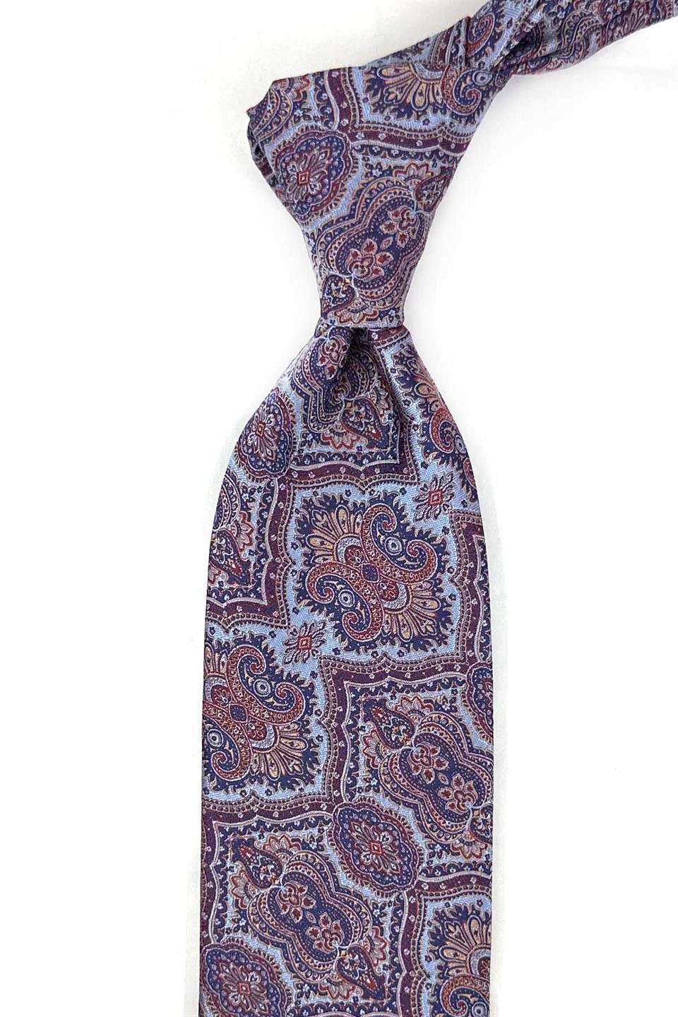 Mavi - Bordo Motif Desen Mendilli Klasik Kravat KK13324