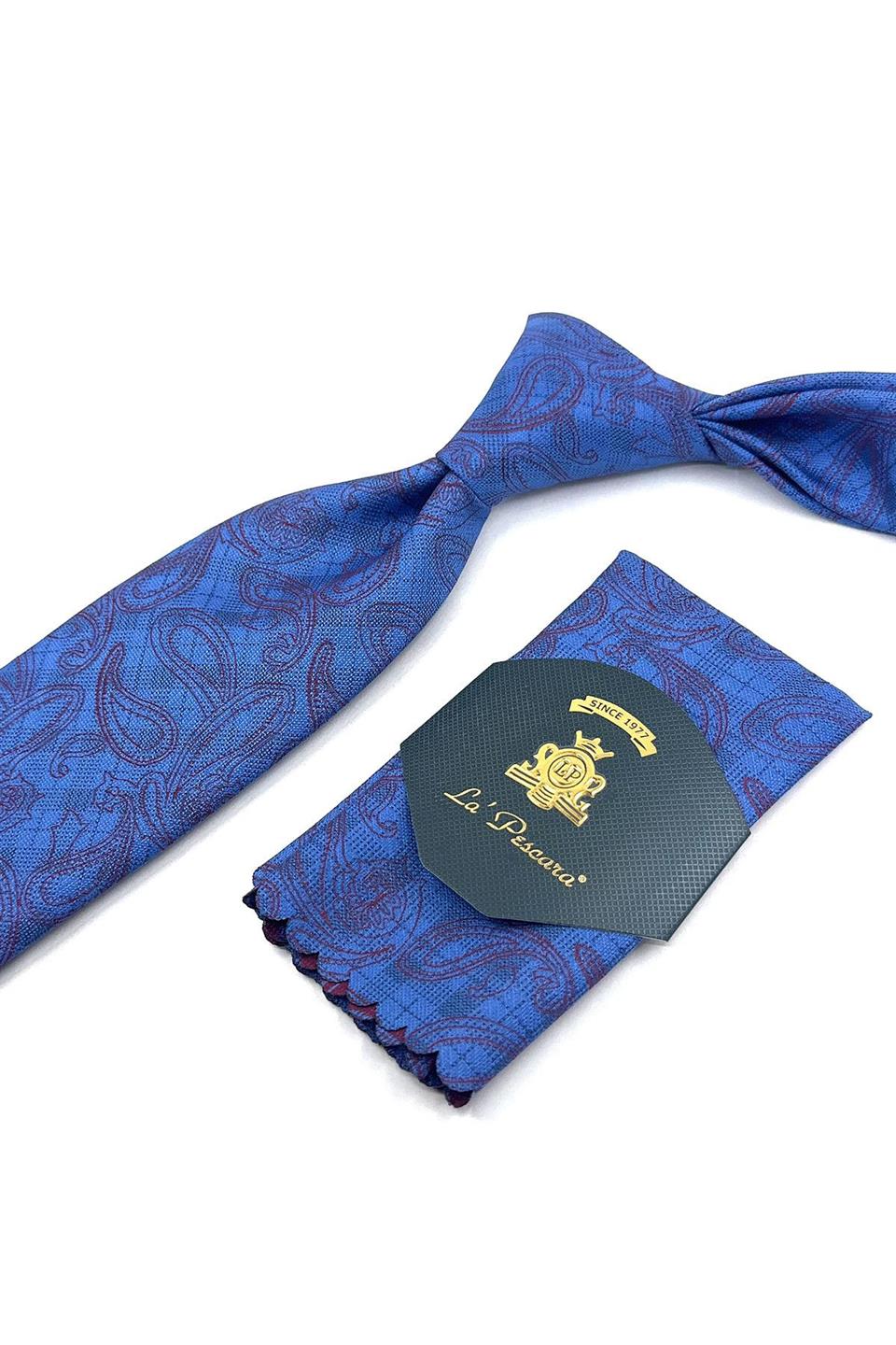 Mavi - Bordo Şal Desen Mendilli Klasik Kravat KK11801