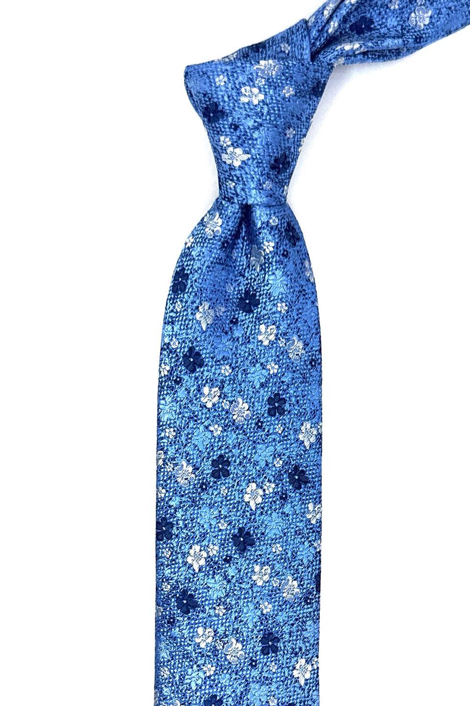 Mavi Çiçek Desen İnce Kravat SK7937