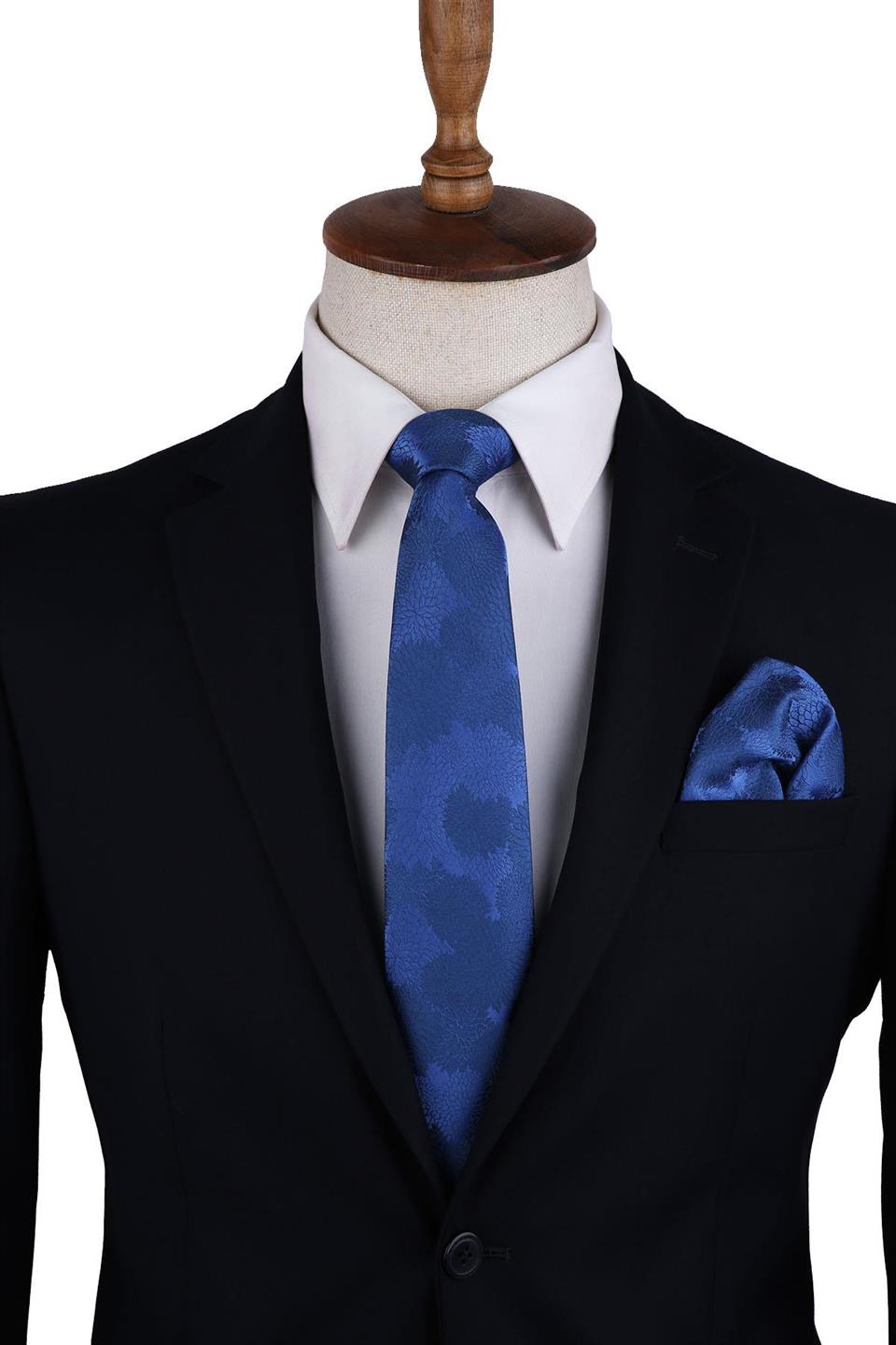 Mavi Çiçek Desen Mendilli Klasik Kravat KK10472