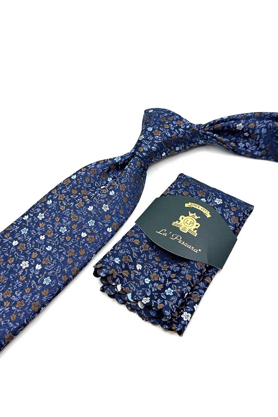 Mavi Çiçek Desen Mendilli Klasik Kravat KK12975