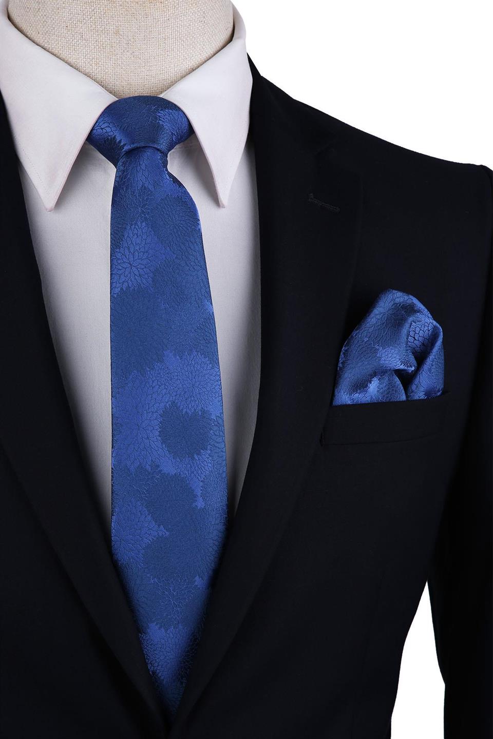 Mavi Çiçek Desen Mendilli Klasik Kravat KK10472
