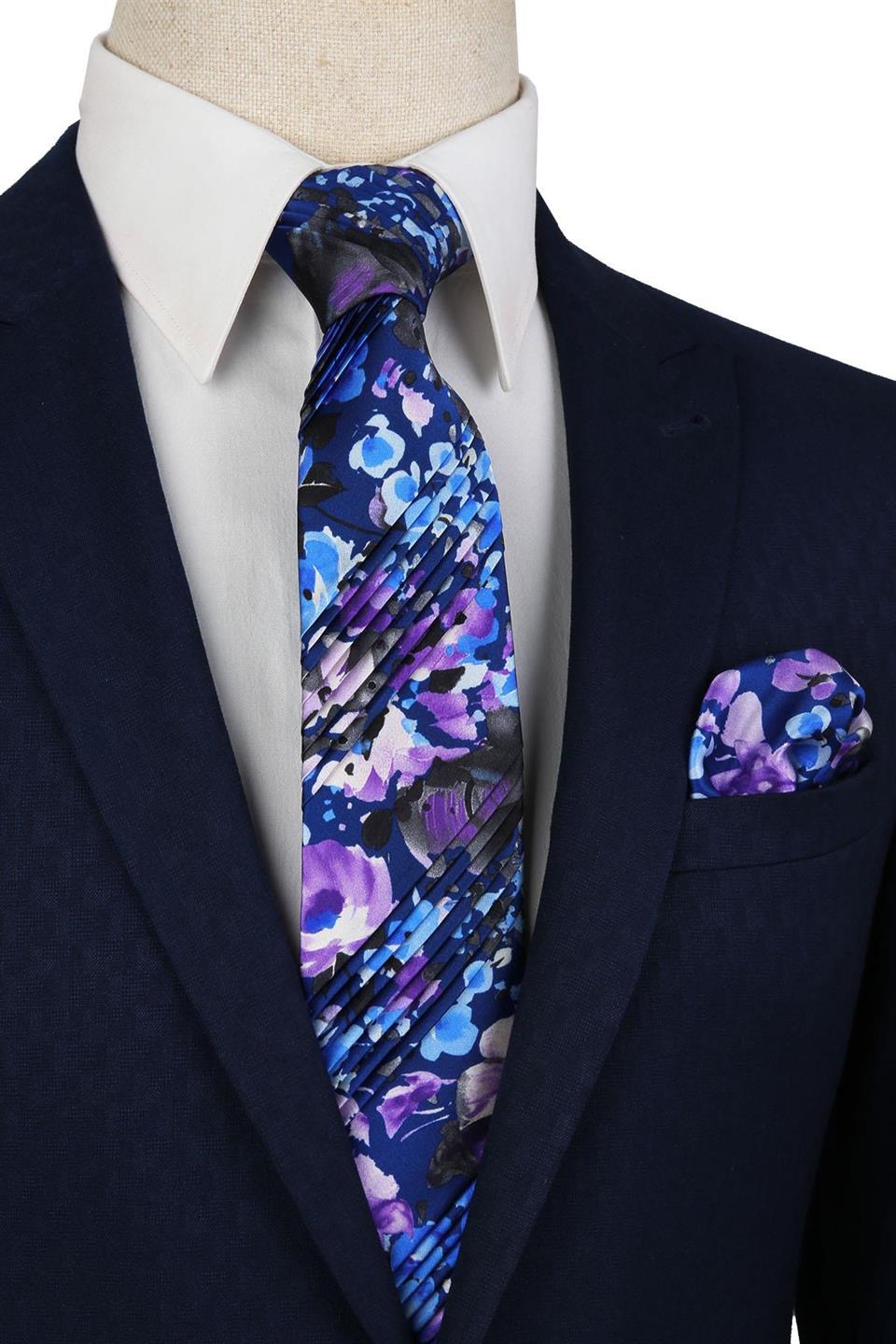 Mavi Çiçek Desen Piliseli İpek Kravat EST41