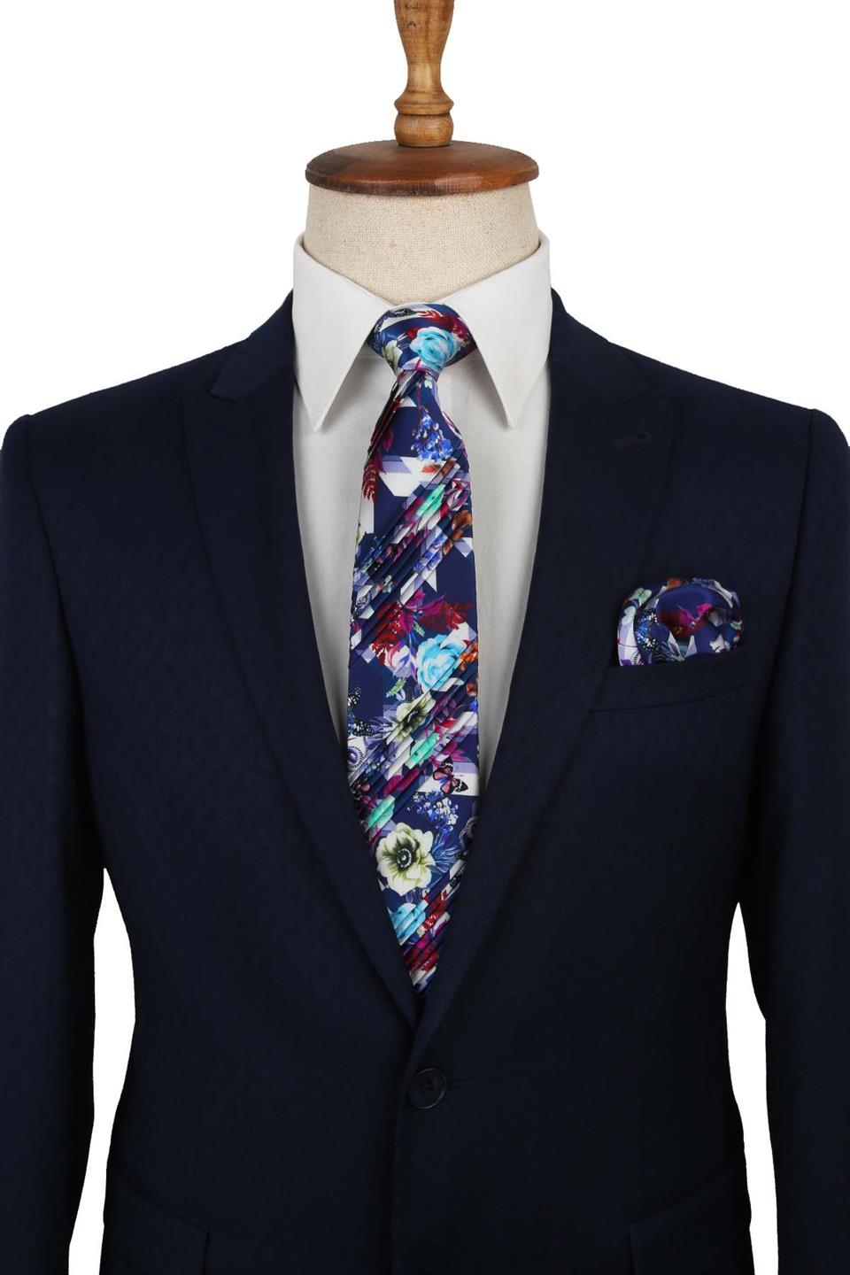 Mavi Çiçek Desen Piliseli İpek Kravat EST118
