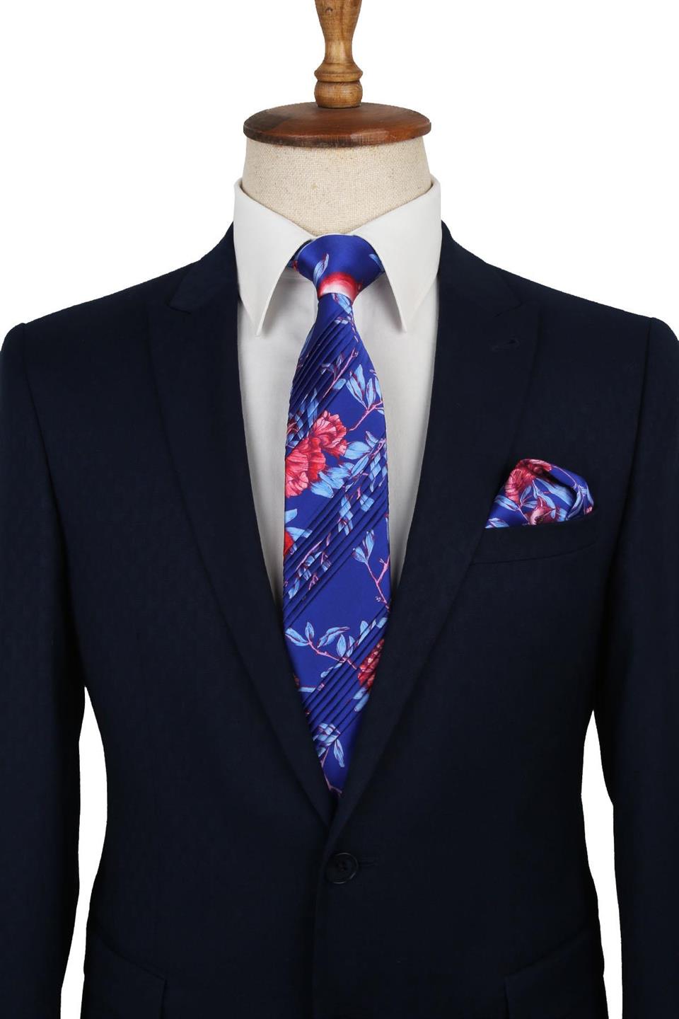 Mavi Çiçek Desen Piliseli İpek Kravat EST105