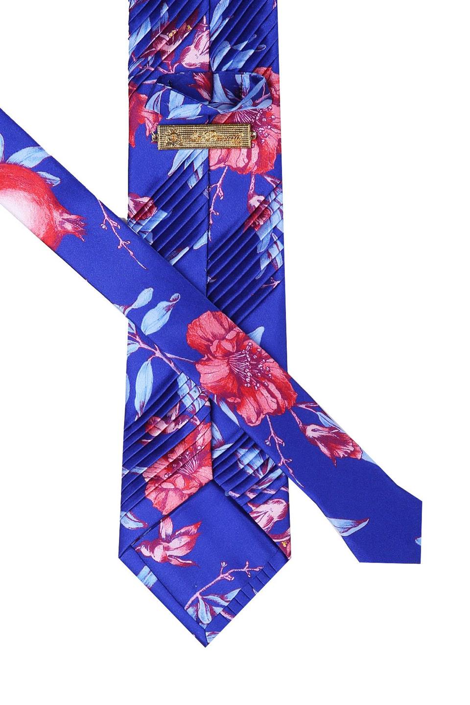 Mavi Çiçek Desen Piliseli İpek Kravat EST105