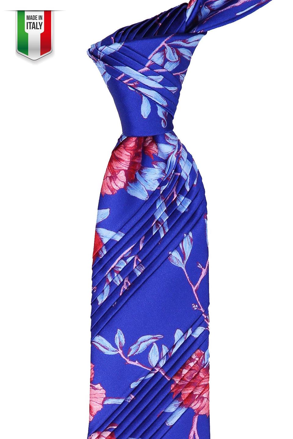 Mavi Çiçek Desen Piliseli İpek Kravat EST105